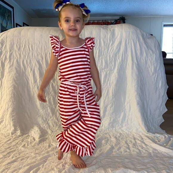 92. Girls Red/White Stripe drawstring Romper - Picture 4 of 4
